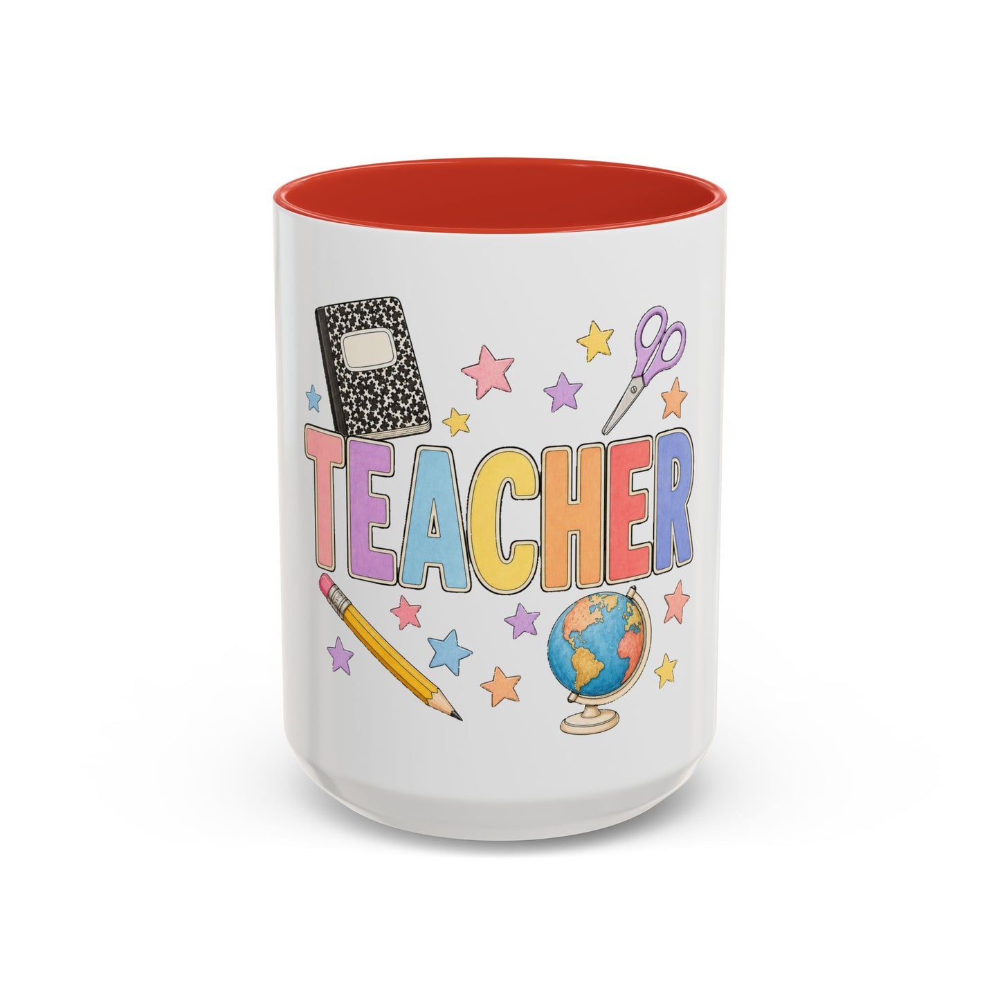 Teacher Accent Coffee Mug — Colorful School Supplies Design (11/15oz)